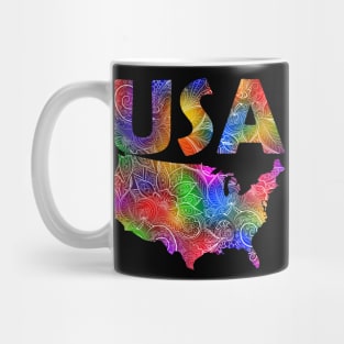 Colorful mandala art map of the United States of America with text in multicolor pattern Mug